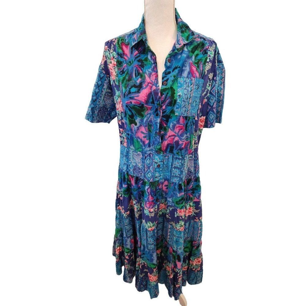 Vintage 80s Together! Blue Floral Maxi Shirt Dress 12 Rayon Patchwork